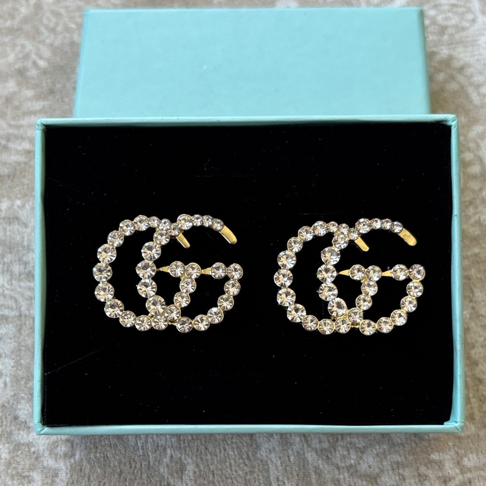 Brand New Double G Crystal Post Earrings Luxury Designer GG 925 Silver Posts